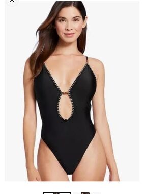Shade & Shore Women's Plunge Bead Detail Extra High Leg One Piece Swimsuit NWT